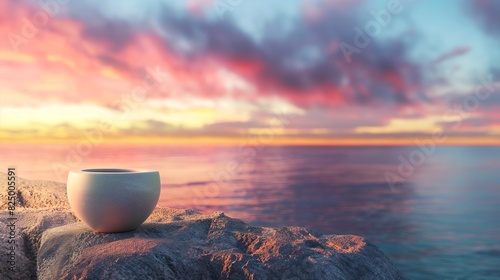 A blank artisanal pottery piece on a cliff overlooking a dramatic ocean sunset, the vivid colors of the sky casting a warm glow on the product.