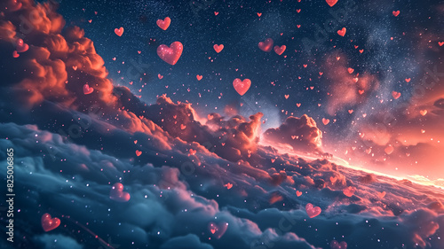 Fantasy night sky with clouds and glowing hearts. Dreamy digital artwork. Love and imagination concept. Design for greeting card, wallpaper, and poster.