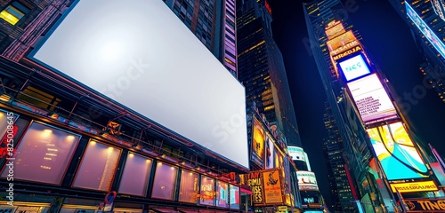 A blank digital billboard in Times Square, momentarily clear of ads, surrounded by the vibrant lights and energy of the city at night.