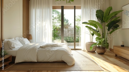Bright and breezy minimalist Thai bedroom with wooden floors and white linens.