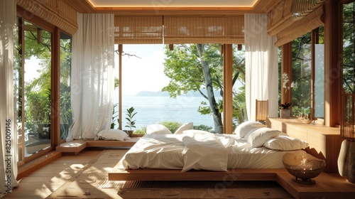Bright and breezy minimalist Thai bedroom with wooden floors and white linens.