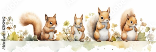 Watercolor nursery theme baby room, A watercolor painting of a family of squirrels sitting in a row on a white background.