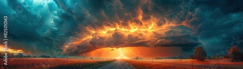 Dramatic stormy sky over an open road with vibrant colors of orange and blue, creating a surreal and mesmerizing landscape view.