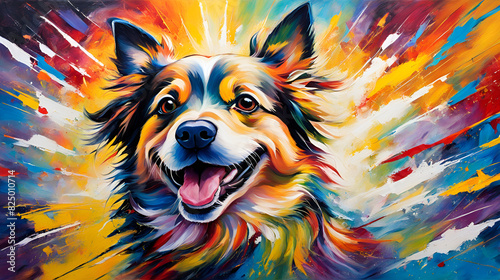 Oil painting, watercolor animals painting a big face of smile dog happy, colorful rays of light energetic brushwork