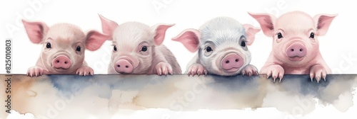 Watercolor nursery theme baby room, Four cute little piglets in a row isolated on white background