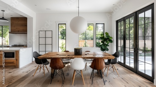 Dining area with minimalist wooden table and streamlined chairs under a simple pendant light.
