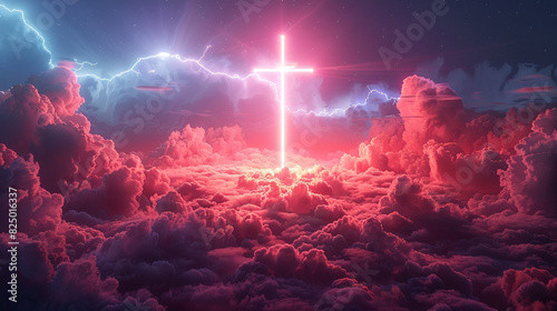 Neon cross in the sky with clouds. Banner for Christian religious publications, Bible magazines