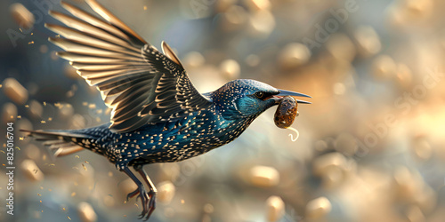 Starling in Flight with a Peanut in Its Beak, Common Starling Grabbing a Peanut Mid-Air