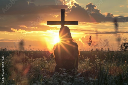 Woman Kneeling in Front of Cross at Sunset - Spiritual and Inspirational Photography