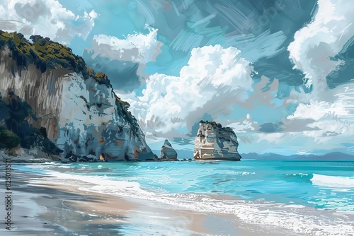 serene cathedral cove seascape with dramatic rock formations idyllic new zealand landscape digital painting