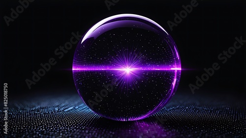 A purple holographic sphere with a glow in the center on a digital black background. Luxurious design and modern technology