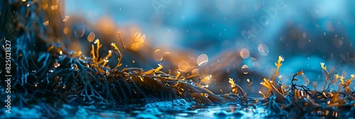 a close up of a grass and water scene with rain drops on the grass and trees in the background...