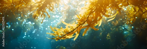 underwater scene of a seaweed field with sunlight shining through the water's surface