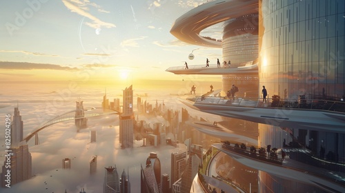  a futuristic city with tall buildings, wide roads, and flying cars.