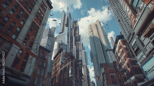 a city with tall buildings and walkways in a surreal environment 