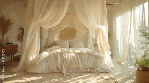 A light and airy bedroom with a canopy bed, soft white linens, and sheer curtains blowing in the breeze.
