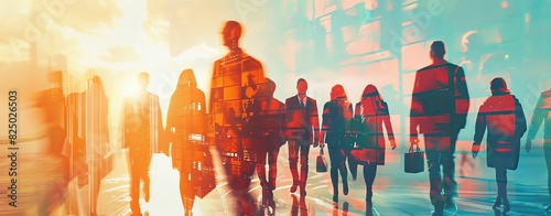 Business people team standing in double exposure with abstract digital collage background. The concept of global business, diversity and change management presented in the style of a vector illustrati