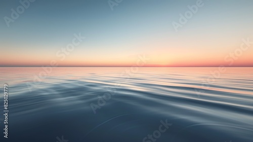 A serene landscape featuring a calm lake reflecting the soft colors of the sunset, with gentle ripples on the water's surface and a smooth, cloudless sky above.