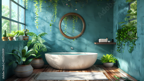 salle de bain cosy, et très nature, mur bleu, évier ou lavabo en pierre, avec un miroir rond reflétant les nombreuses plantes vertes présentes dans la pièce. Produits de beauté ou hygiène, serviettes