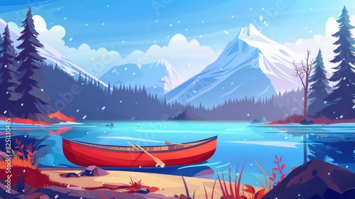 Water, a boat, pine trees silhouette, blue hills. Modern cartoon illustration of a canoe on a lake shore, forest, and mountains.