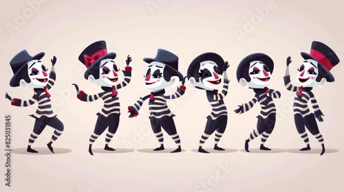 This cartoon set of mimes stands in typical mime poses, all with traditional makeup, wearing traditional clothing with stripes on a light background. Illustration in modern format.