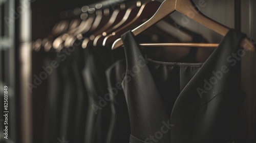 A stylish and simple black dress, hanging neatly in a wardrobe, symbolizing elegance and sophistication.