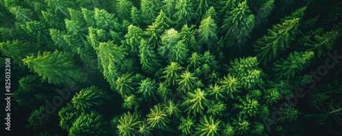 Aerial view of lush green pine trees in a dense forest creating a beautiful, natural pattern of tranquility and verdant foliage, nature at its best.