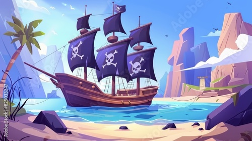 Cartoon pirate ship on water with a sand beach, black sails and cannons going to the island. Corvette or frigate with skull and bones flag at sea. Old battleship, barge.
