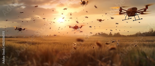 A smart drone swarm dispersing beneficial insects across a field, guided by AI algorithms to target specific areas experiencing pest pressure, contributing to natural pest control in an eco-friendly f
