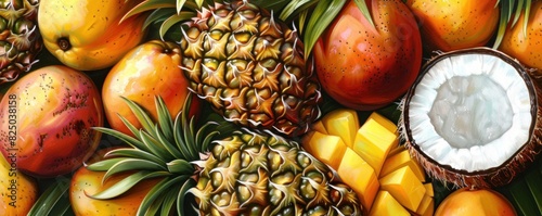 Illustration of a tropical fruit display with pineapples, mangoes, and coconuts.