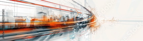 Dynamic abstract cityscape with motion blur effect showcasing urban life and rapid movement, blended with futuristic graphics.