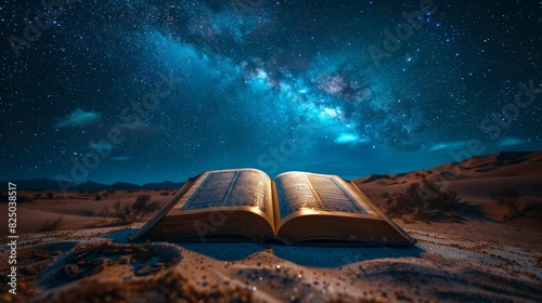 Quran open under the starry night sky, desert landscape bathed in mystical rays of light