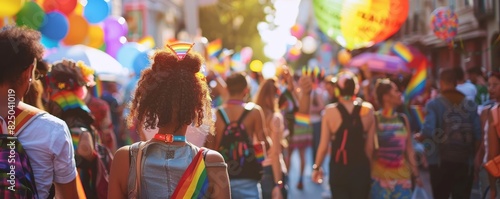 LGBTQ pride festival with diverse crowd, performers on stage, rainbow decorations, energetic vibe, urban setting, outdoor celebration, copy space.