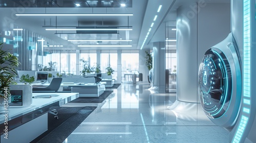 A futuristic office space with AI-enabled biometric security systems ensuring the safety and privacy of employees and sensitive information. 32k, full ultra HD, high resolution