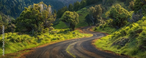 A winding road through lush green hills surrounded by vibrant trees and mountains under a serene sky.