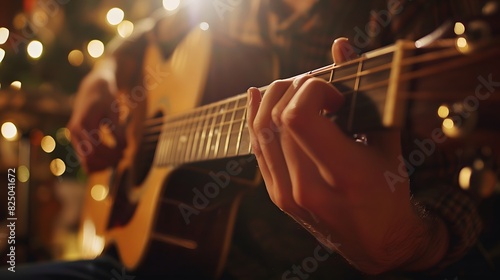 A close-up shot of hands playing an acoustic guitar, with a blurred background showing musical instruments and a dimly lit room. 