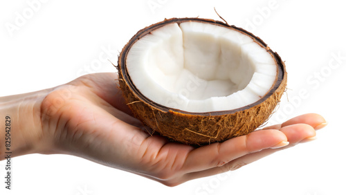 Hands holding a fresh coconut, its brown shell possibly cracked open to reveal the white flesh and refreshing coconut milk inside