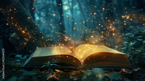 Night view, an open book glowing with ethereal light, magical words floating out, enchanted forest backdrop