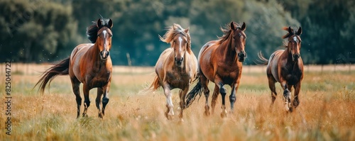 Herd of wild horses running across a meadow, flowing manes, powerful muscles, natural landscape, motion and freedom, outdoor adventure, copy space.