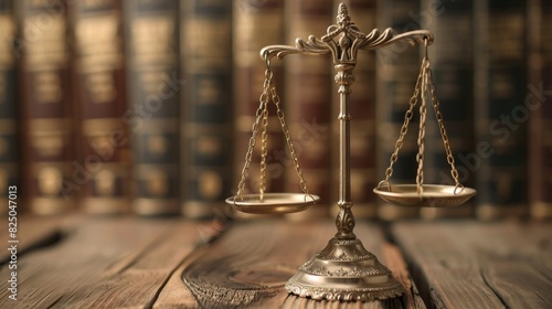 Scales of justice on wooden desk, close-up view, symbolic representation, balanced scales, legal books in background, law and order, isolated setting, copy space.