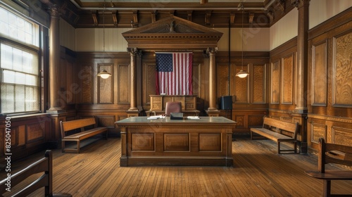 Courtroom interior with empty jury box, wooden furniture, judges bench, American flag, legal setting, serious atmosphere, justice system, copy space.