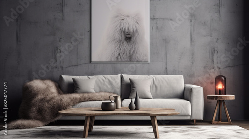 A mix of textures with a fur rug beneath a modern grey sofa set, accompanied by a glass coffee table and a blank empty white frame mockup.