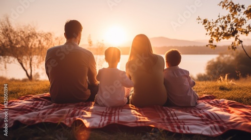 A family of four enjoying a serene sunset picnic by the lake, spending quality time together on a blanket in nature.