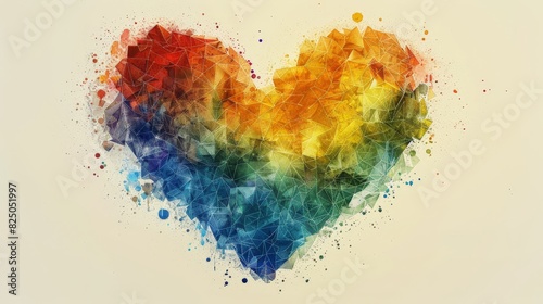 A stylish abstract illustration of a rainbow heart made up of geometric shapes, set against a neutral background. This design emphasizes love, pride, and the beauty of diversity.