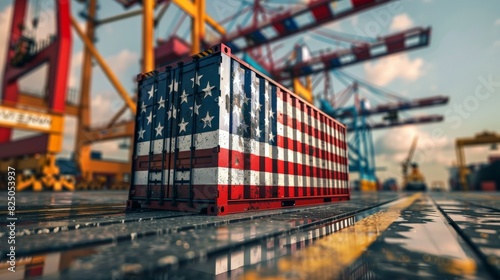 Shipping Container with American Flag at Port Terminal