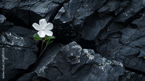 Single white flower with five petals and a prominent central stamen, growing from a crack in a cluster of dark, jagged rocks