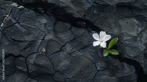 Single white flower with a prominent central pistil and stamens, growing from a crack in a dark, cracked rock surface