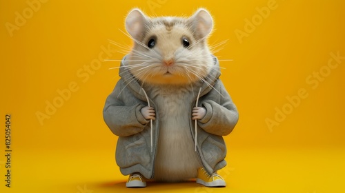 Hamster standing upright on two legs, wearing a grey hoodie with a zipper and yellow sneakers with white laces