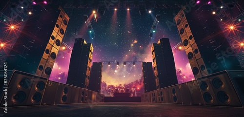 A large concert stage with towering speakers and a vast array of colorful stage lights all turned off, waiting in anticipation against a backdrop of a starry night sky.