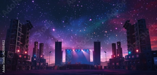 A large concert stage with towering speakers and a vast array of colorful stage lights all turned off, waiting in anticipation against a backdrop of a starry night sky.